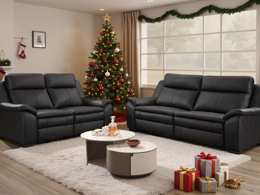 Boston Genuine Leather Electric Recliner Sofa Black 3+2 Set