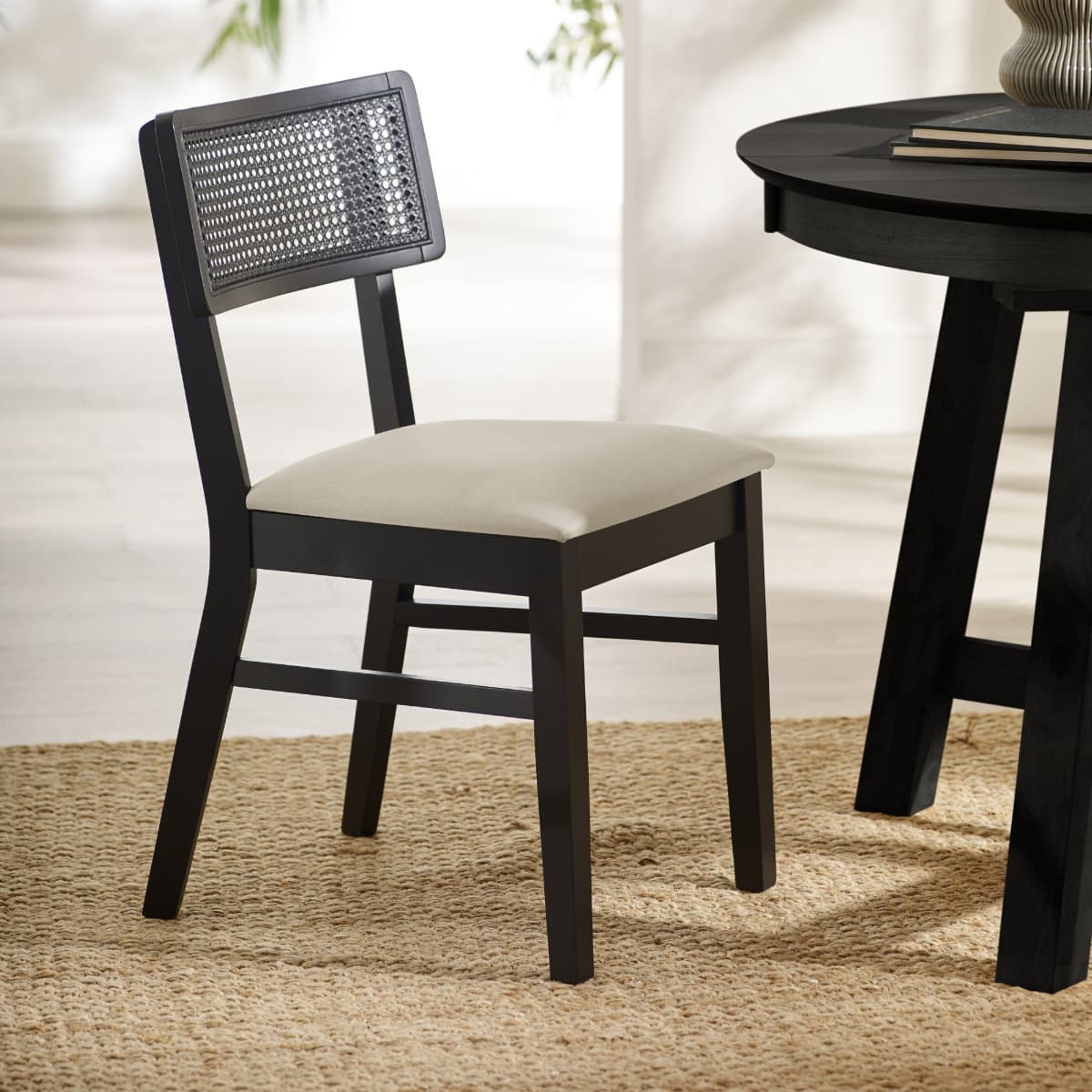 Annika Black Natural Fabric Rattan Back Dining Chairs