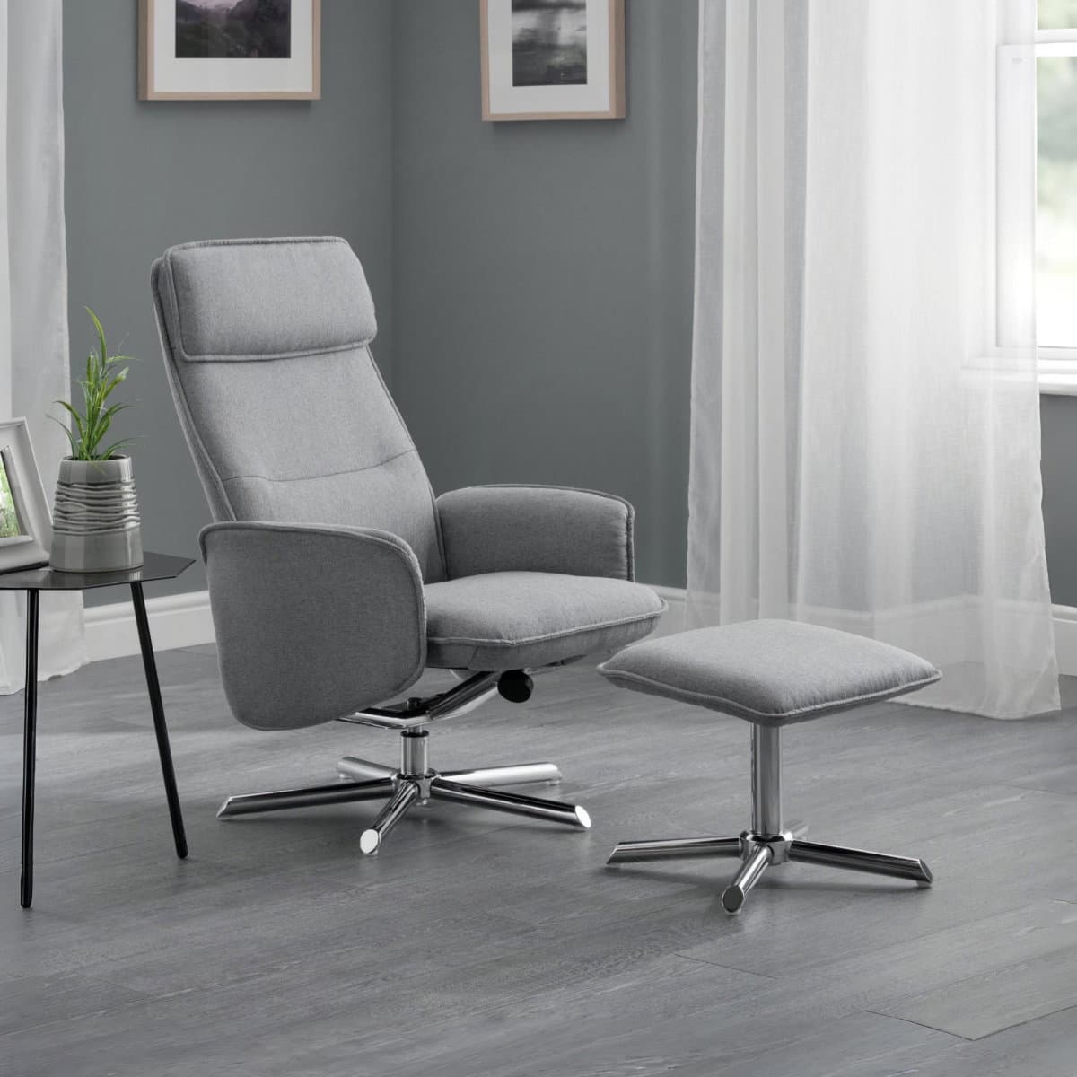 Aria Recliner & Stool with Chrome Base - Grey Linen