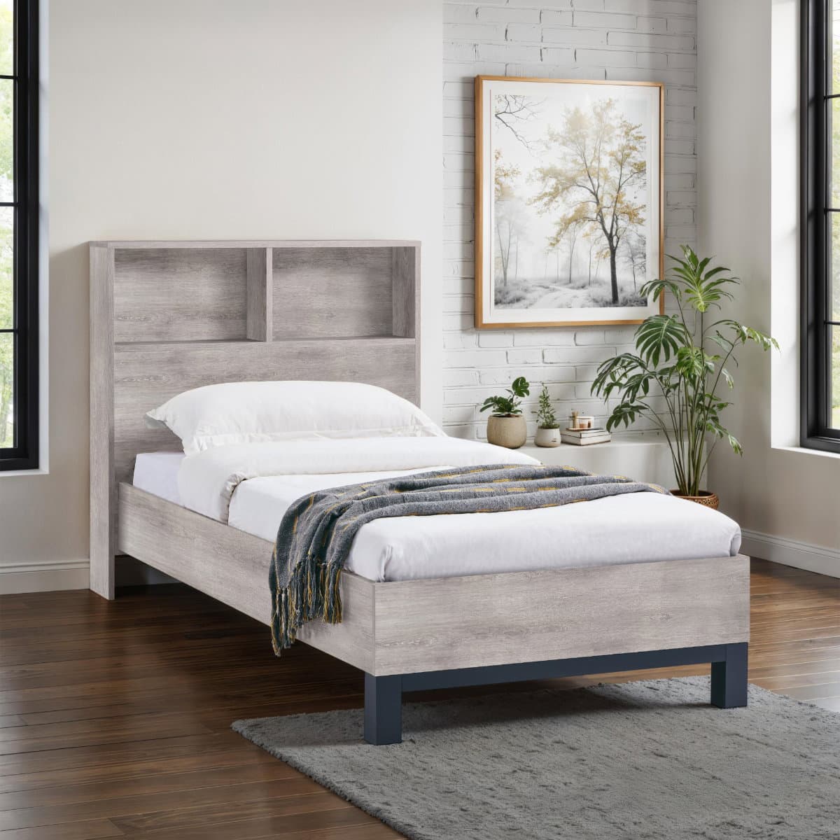 Bali Bookcase Headboard Bed - Grey Oak