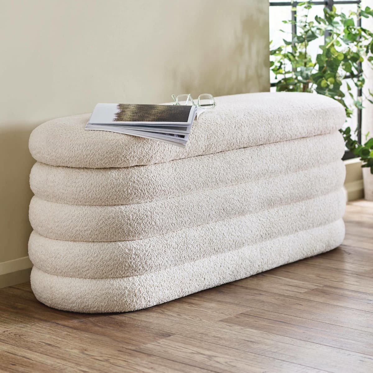 Hailey Ivory Boucle Upholstered Ottoman Storage Bench