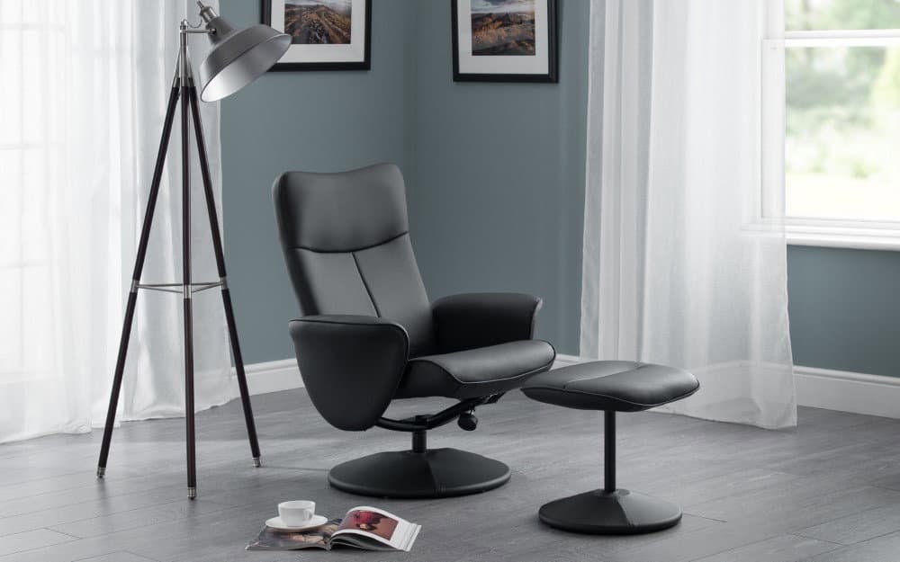 Lugano Recliner & Stool With Covered Base - Black